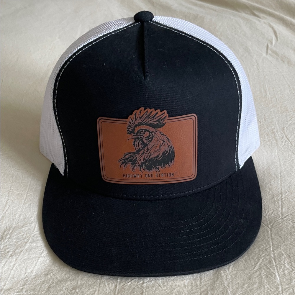 Black and White Trucker Hat with Rooster Patch